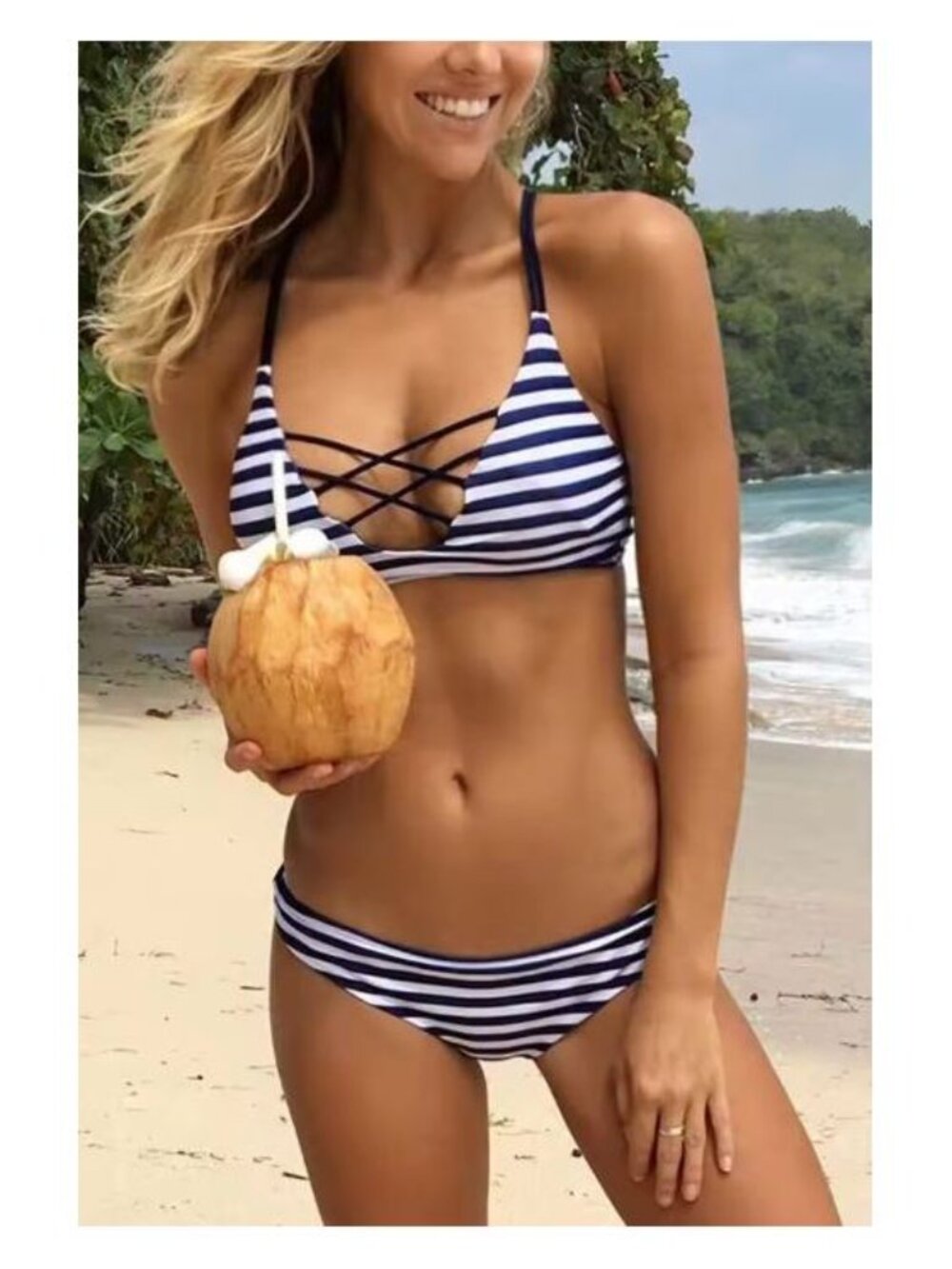 Cupshe Navy White Draw A Parallel Stripe Bikini Set - M